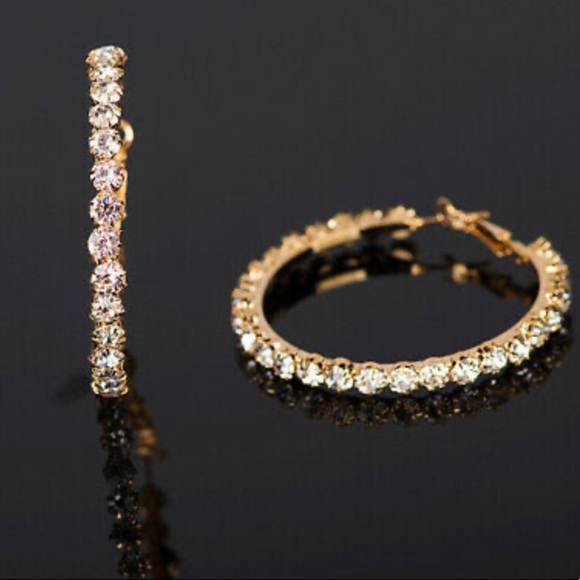 NEW 18k Gold Plated Diamond Hoop Earrings - Picture 4 of 5
